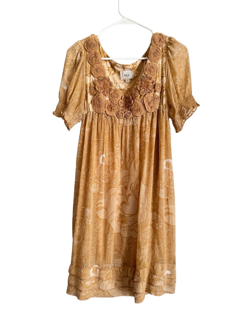 ECI Mustard Floral Rosette Empire-Waist Casual Dress
